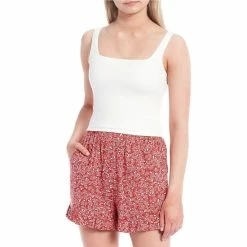 Deals ⭐ Copper Key Square Neck Ribbed Knit Tank Top White ⌛