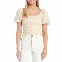 New ✔️ Copper Key Puff Sleeve Smocked Waist Gauze Top Cream ⭐