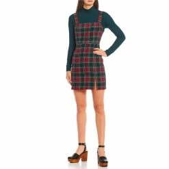 Best deal ✔️ Copper Key Square Neck Plaid Print Split Hem 👗 Dress Forest Red 👍