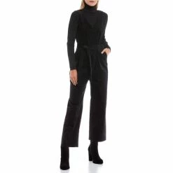 Coupon 😀 Copper Key Tie Waist Velveteen V-Neck Jumpsuit Black 🛒