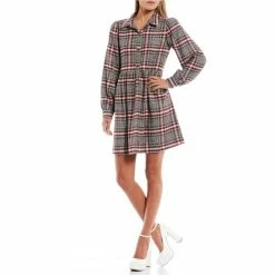 Outlet ❤️ Copper Key Long Sleeve Plaid Button Front 👗 Dress Grey Multi 🥰